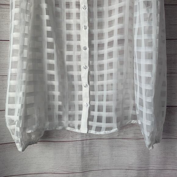 Polagram White Lattice Button Down Blouse Long Sleeve Pouf Shoulders Size Small - Picture 3 of 14
